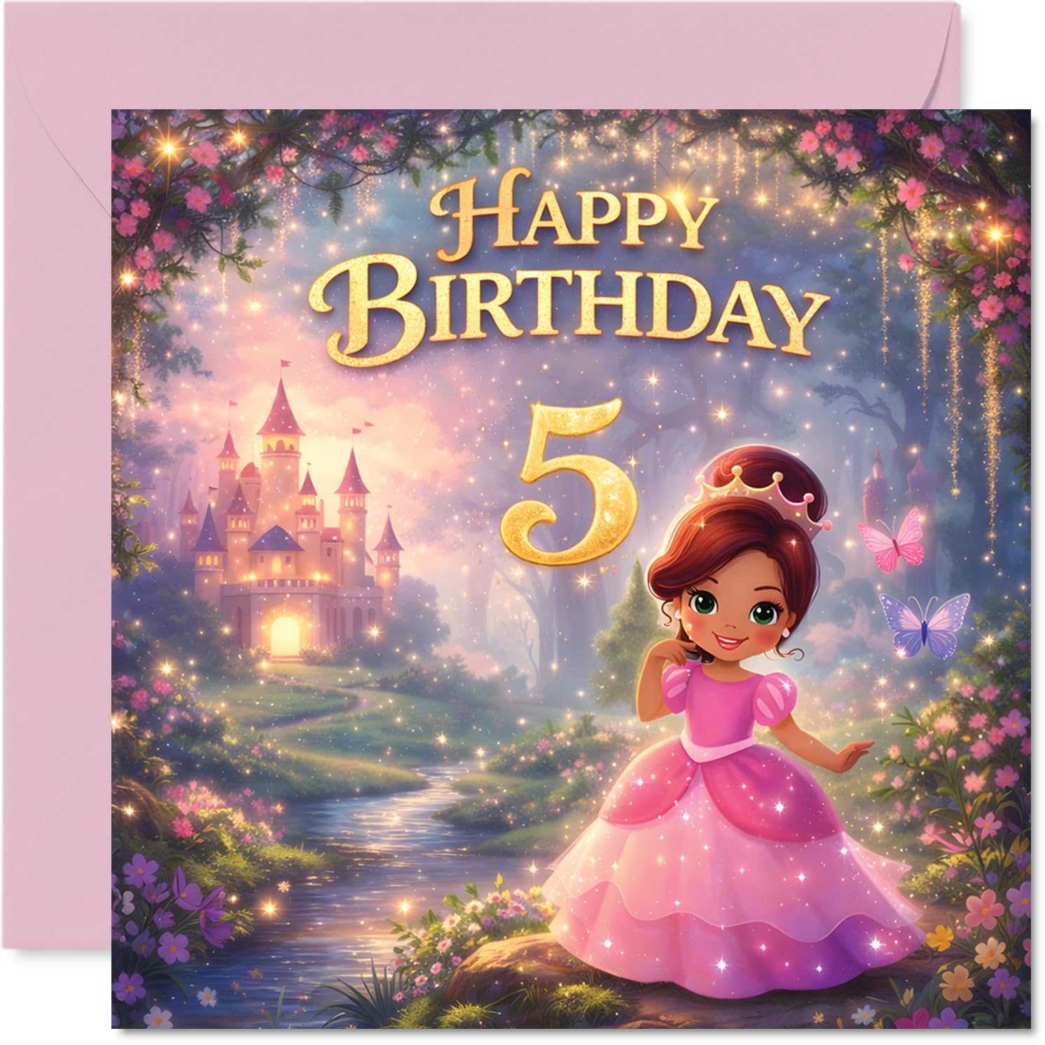 Cute 5th Birthday Card - Whimsical Birthday Magic - Pink Princess and Castle Scene with Fluttering Butterflies - 145mm Square, Envelope Included