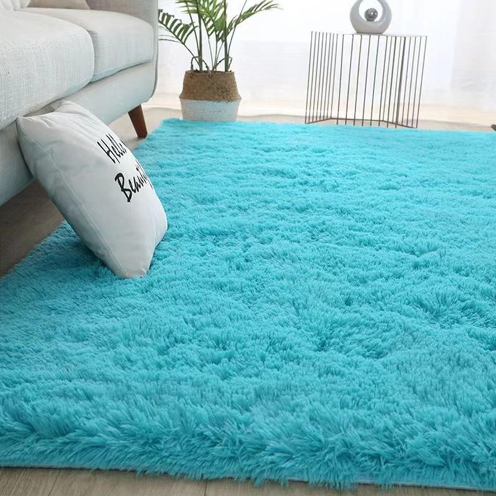 Tapis salon shaggy bleu ciel 180x310 cm lavable et antidérapant