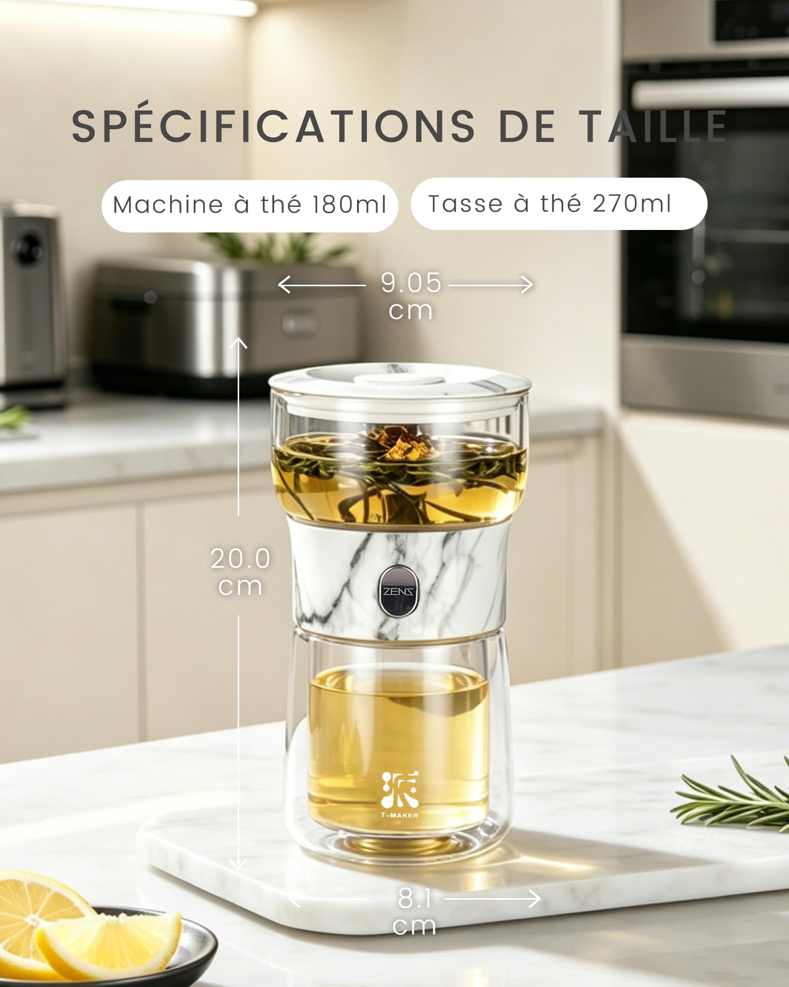 ZENS Teiera con infusore in vetro magico con un tocco | Senza danni. Per tè sfuso. Include tazza termica da 200 ml e borsa da tè portatile. Regalo per gli amanti del tè.