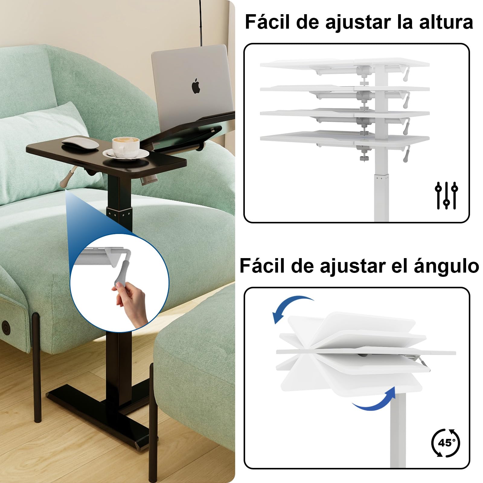 PUNCIA Mesa Auxiliar con Ruedas para Portátil Ajustable 70-102cm Negro | Escritorio Elevable de Pie para Sofá Cama Tablero Inclinable Mesa Lateral Regulable en Forma de C Estación de Trabajo Móvil