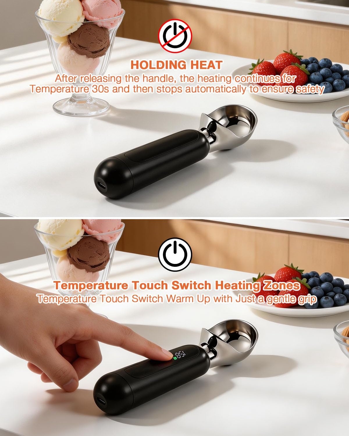 Ice Cream Scoop Heated, Electric Ice Cream Scooper for Hard Ice Cream | LED Display, 3 Temp Settings, Rechargeable, Waterproof IP67, Effortless Scooping, Great for Gelato, Sorbet & Frozen Yogurt