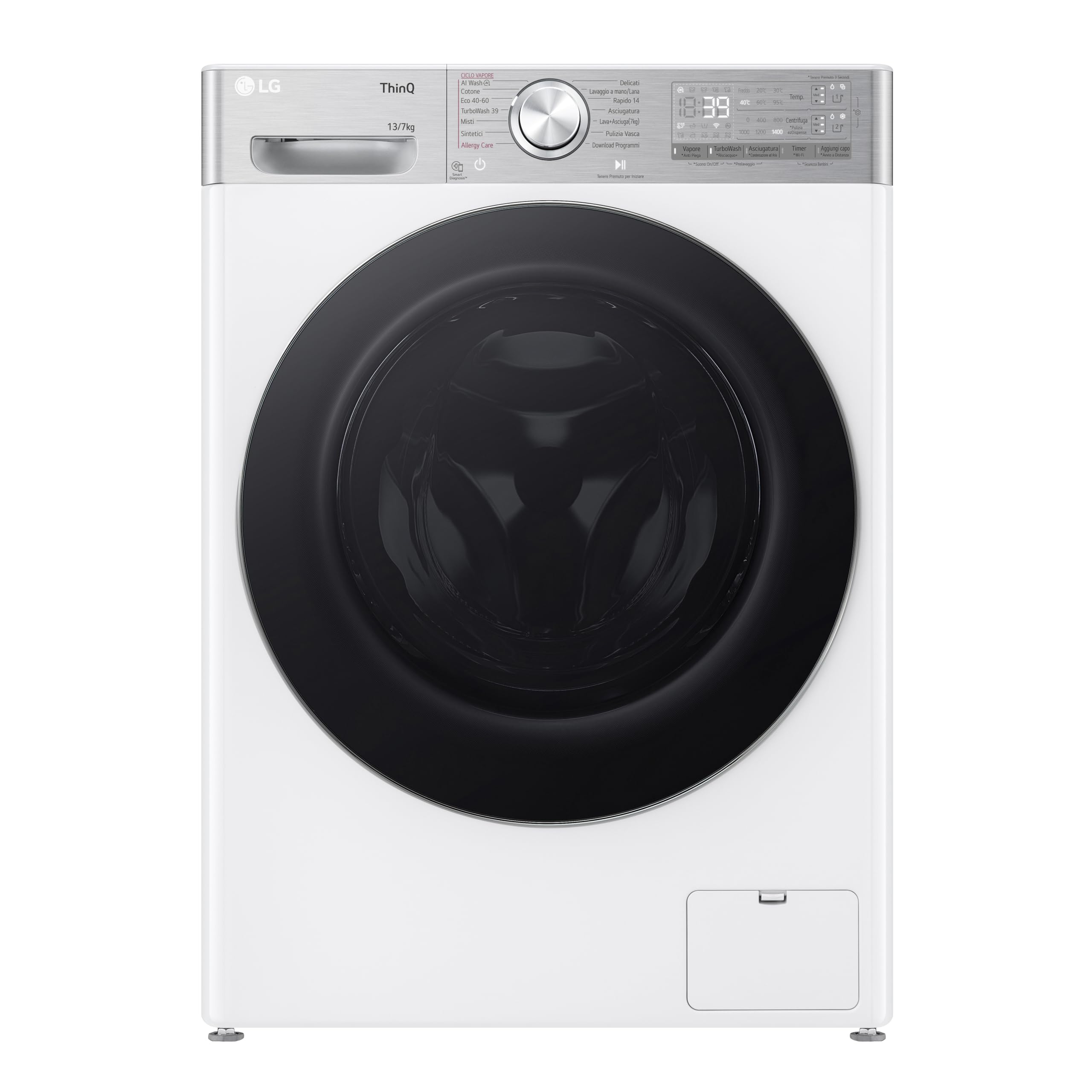 LG AI DD D4R9513TPWC Lavasciuga 13/7kg, Serie R9, Classe D, Lavatrice Asciugatrice, 1400 Giri, TurboWash 360, Vapore Steam+ e Antipiega, Autodosaggio, Wi-Fi, Bianca
