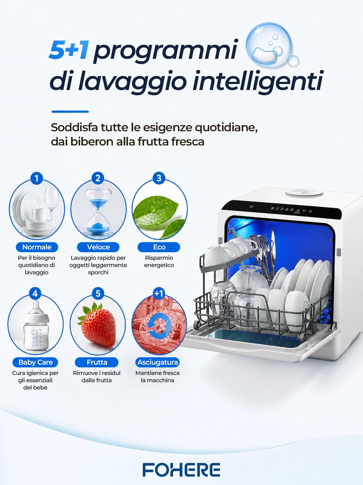 FOHERE Mini Lavastoviglie Con Serbatoio Da 5 Litri, Funzione Timer, Collegamento Dell’Acqua 2 In 1, 6 Programmi, Display LED，Lavastoviglie Da Tavolo E Mini Pulitore Per Ufficio, Monolocale E Camper