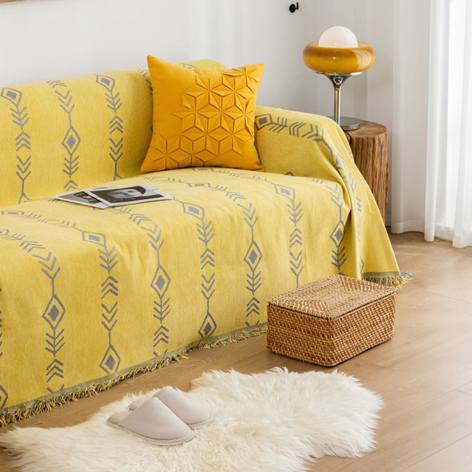 3 Sitzer Couch Überzug,Sofa Bezug mit Pfeil Sofabezug Chenille Handtuch Sofa Gelb Grau Sofaüberwurf Decke 180x260CM