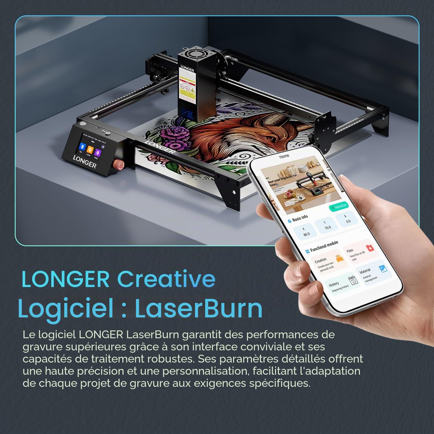 Longer Machine de gravure laser 20 W pour métal/bois/verre, plan de travail 400 x 365 mm, application hors ligne et écran tactile de 3,5 pouces, certifié CE, roulements allemands, lunettes de
