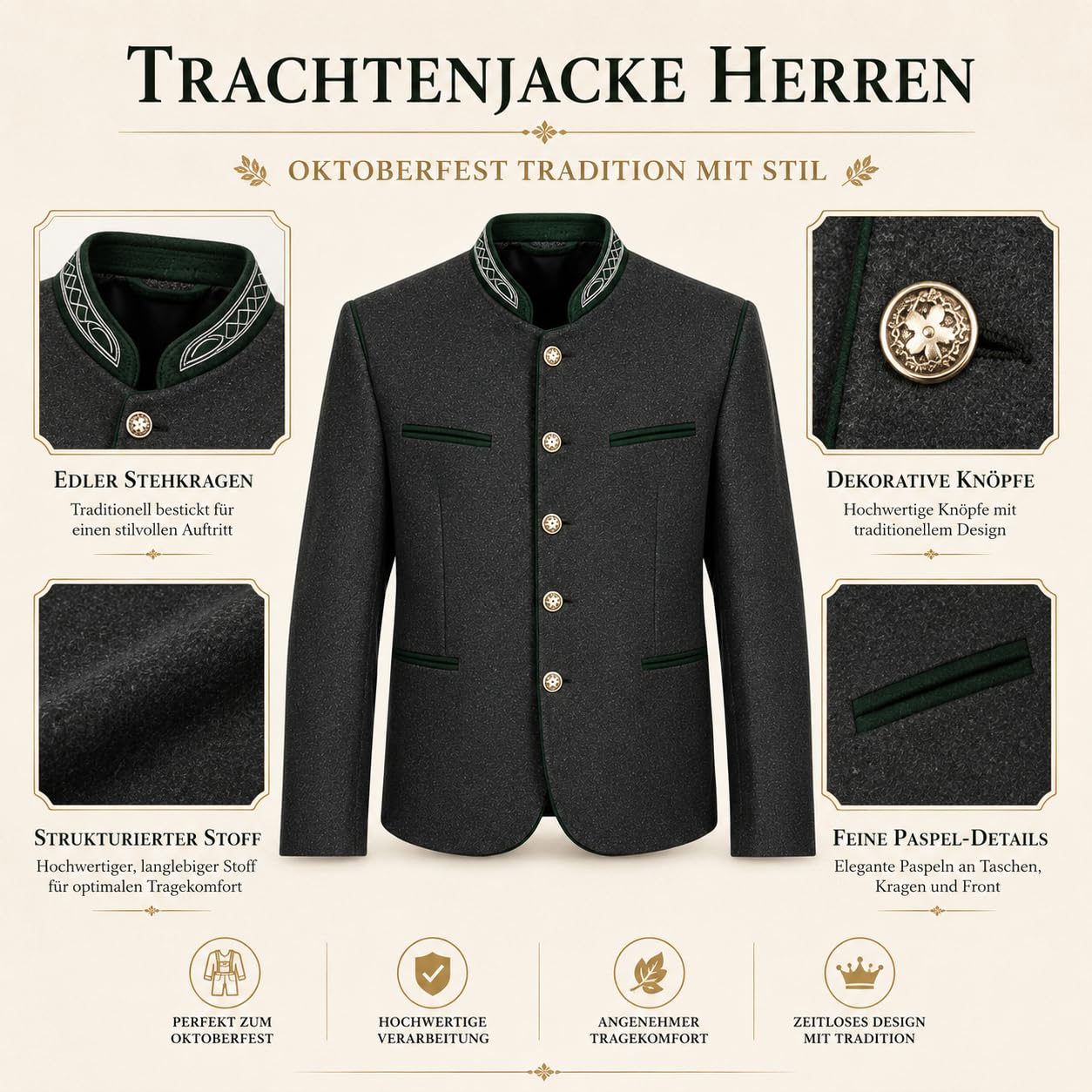Trachtenjacke Herren Traditioneller Trachtenjanker mit Knopfleiste, Strickjacke Herren, Oktoberfest Outfit, Lederhosen Jacke, Trachtenweste, Trachtenmode für Männer, Schwarz, S-3XL
