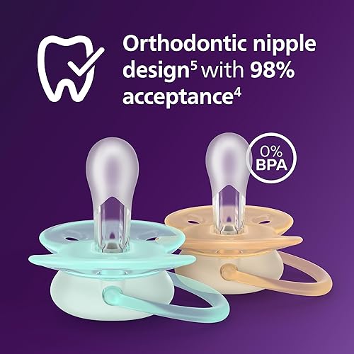 Miniatura 3 de Philips Avent SCF09148 - Chupetes ultra suaves, diseño ortodóntico, para bebés de 0 a 6 meses, escudo flexible, pezón simétrico de silicona, sin