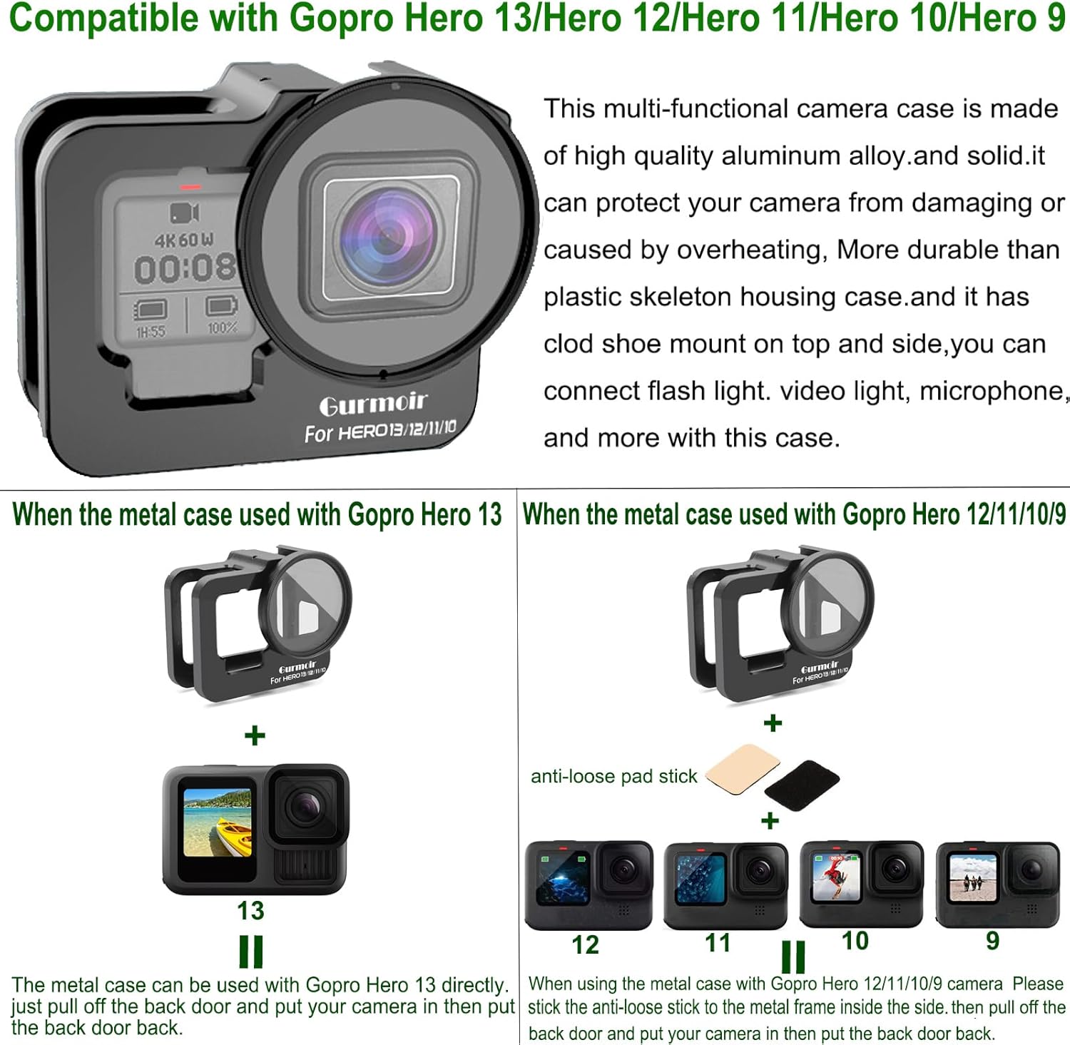 Gurmoir Metal Protective Case for Go Pro Hero 13/12/11/10/9 Black, Upgraded Aluminum Alloy Back Door Housing Frame Video Cage, with 2 Cold Shoe Mount and 52mm Filter - Image 2