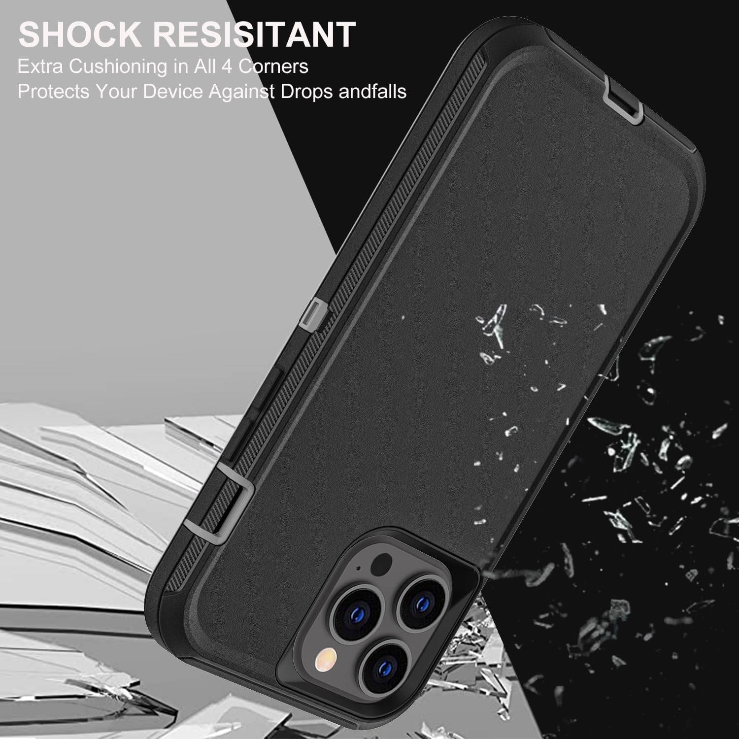 for iPhone 14 Pro Case, Military Grade 3 in 1 Heavy Duty Shockproof/Drop Proof/Dust Proof Case with 2Pcs Tempered Glass Screen Protector (Black/Grey) - Image 5