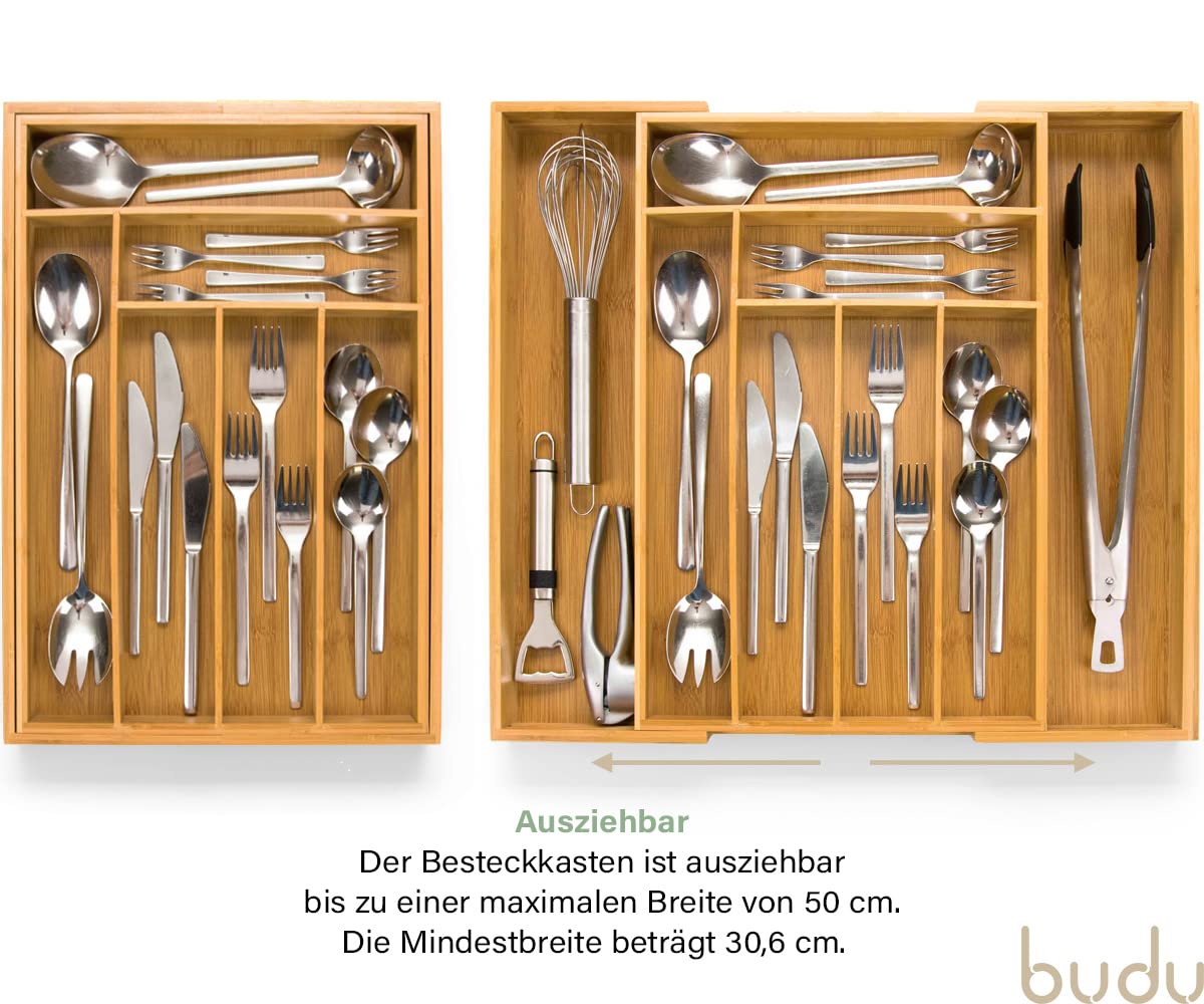 budu Besteckkasten für Schubladen #47 (Tiefe 47cm) aus Bambus - Ausziehbarer Besteckeinsatz - Schubladen Organizer Küche - Schubladeneinsatz - Kitchen drawer organizer