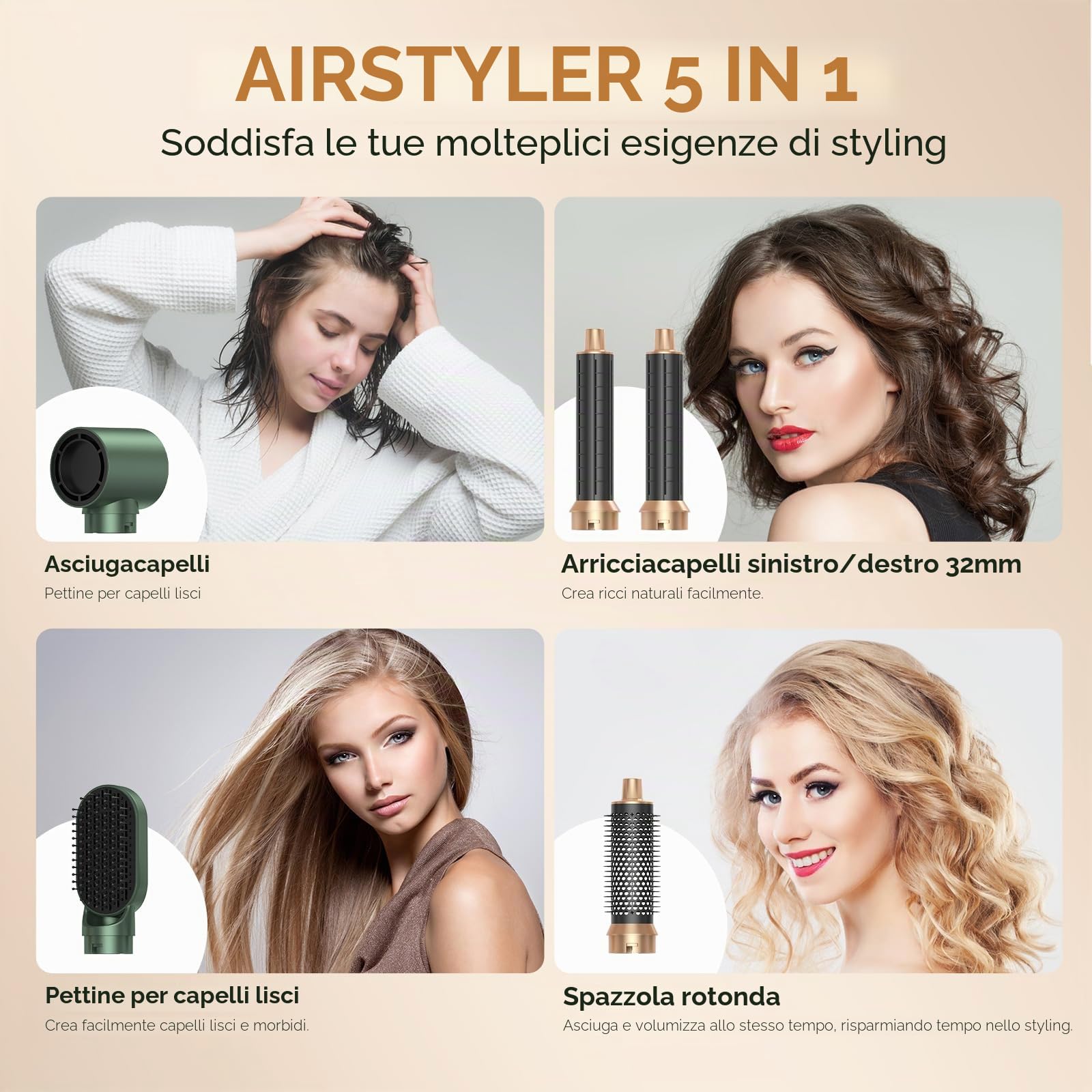 MogaWave Airbrush 5 in 1 Air Styler Pro Hair styler con 1000W Spazzola Asciugacapelli, Spazzola Phon per Capelli, Spazzola Aria Calda, Phon Arricciacapelli ad aria, Asciugacapelli Spazzola
