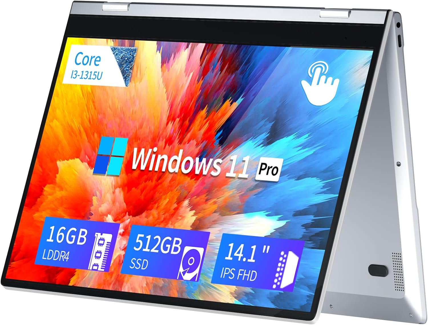 Portátil 2 en 1, Core I3-1315U, 16GB RAM, 512GB SSD, Pantalla táctil FHD 14,1", Metal, Teclado retroiluminado, Huella Dactilar 1 Ordenador Portátil 2 en 1, Core I3-1315U CPU 16GB LPDDR4 512GB SSD, Pantalla táctil FHD de 14,1 Pulgadas Metal Laptop, PC Portatil con Teclado retroiluminado, desbloqueo con Huella Dactilar Laptop