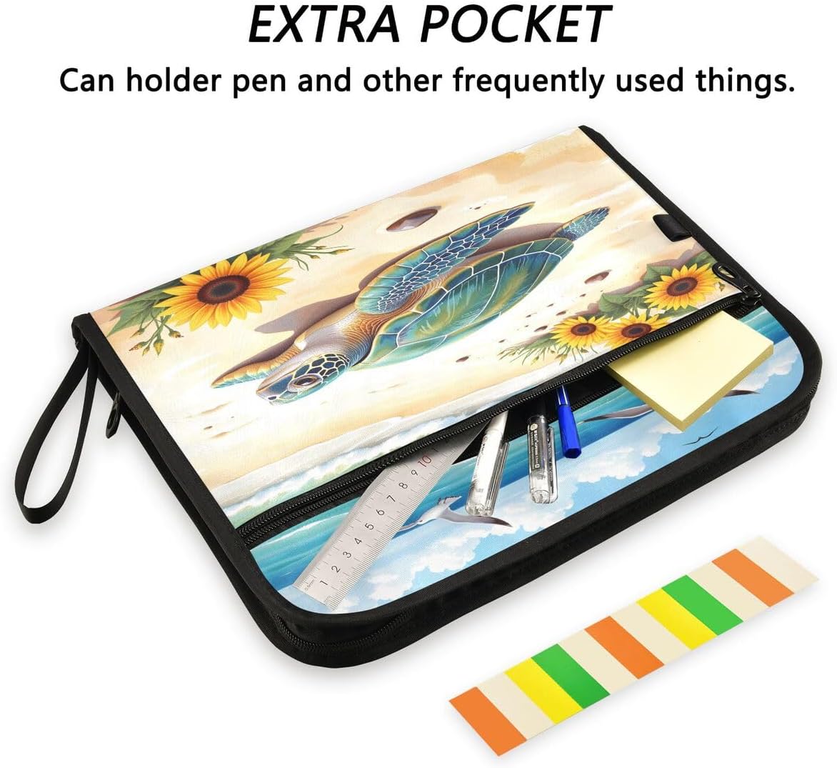 ALAZA Sea Turtle Sunflower Blossom Expandable Filing Folder Storage Organiser Box Files, 13 Pockets Zip Filing Folders for Home or Office Documents