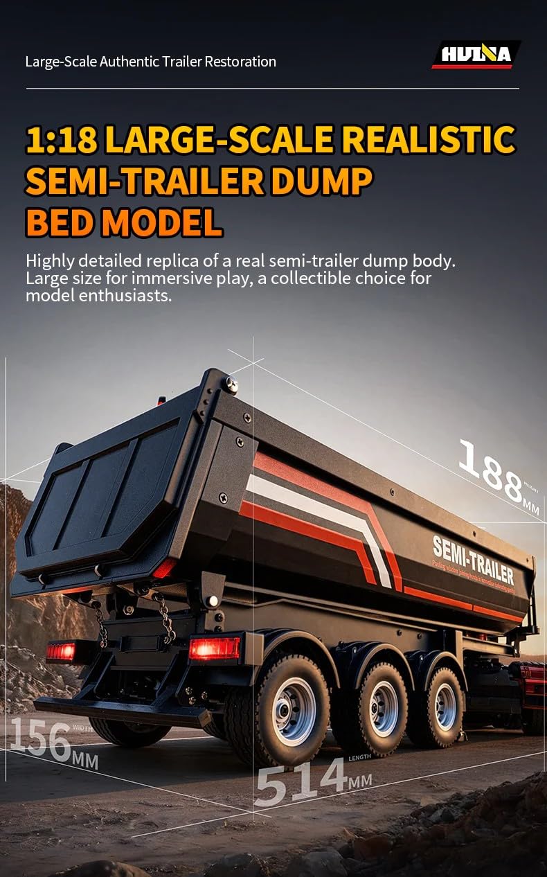 HUINA 1509 Semirimorchio Ribaltabile RC 1:18 con Cassone Elettrico Compatibile Huina 1501 Scania, Trailer Radiocomandato in ABS con Batteria Li-Po 7.4V