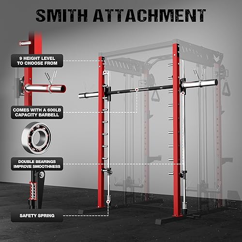 Miniatura 3 de Máquina M21 Smith, jaula de potencia multifunción con sistema cruzado de cable de polea doble, estante para sentadillas todo en uno de 2000 libras