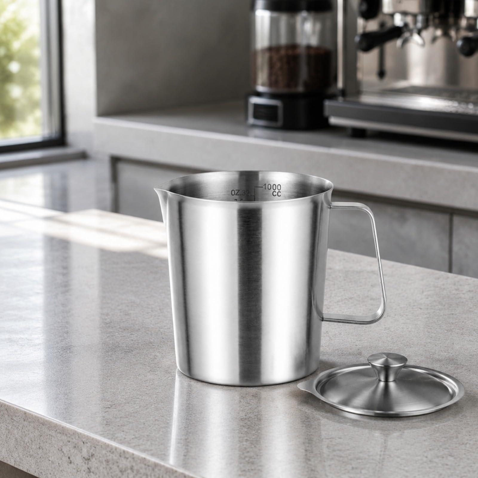 Medidora Acero Inoxidable Preciso Medidora con Tapa Práctico Vaso Medidor con Asa para Pasleros, Cocineros Caseros, 2000ML