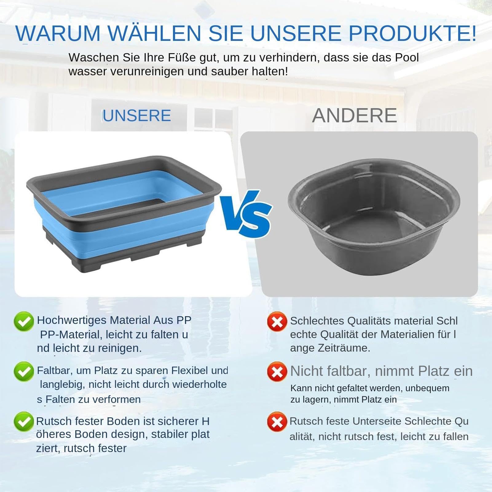 PoolFußbad, PoolFußwanne, Faltbare Fußbecken, Rutschfestes FußReinigungsbecken, Fußwanne für Poolleiter, Poolzubehör für Schwimmbecken/Whirlpools/Aufstellpools, PoolSauber Halten
