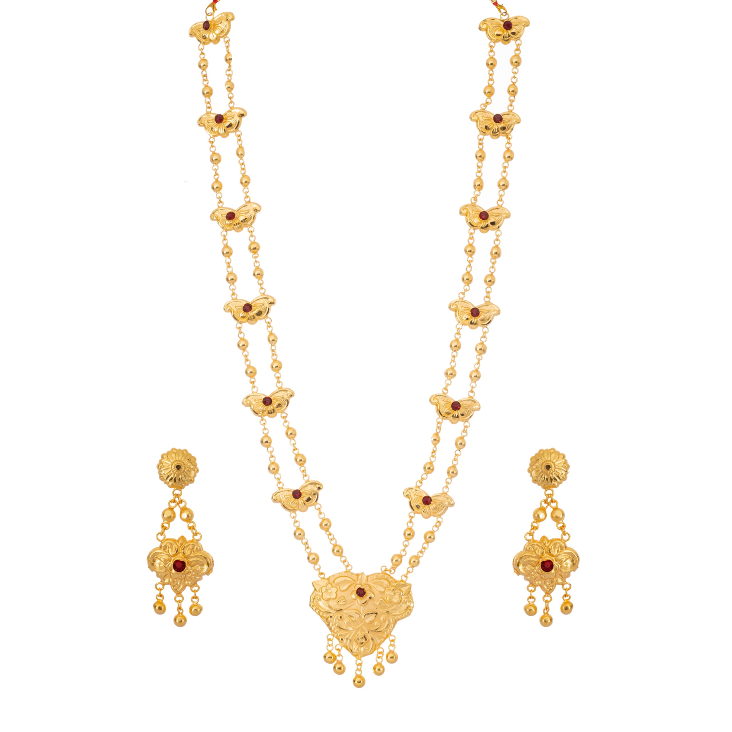 Gold Plated Antique Butterfly & Heart Rani Haar Long Necklace Set for Women | Traditional Double-Strand Gold Bead Chain with Ruby Accents | Ethnic Wedding & Bridal Jewellery Set with Matching Earrings-image-17
