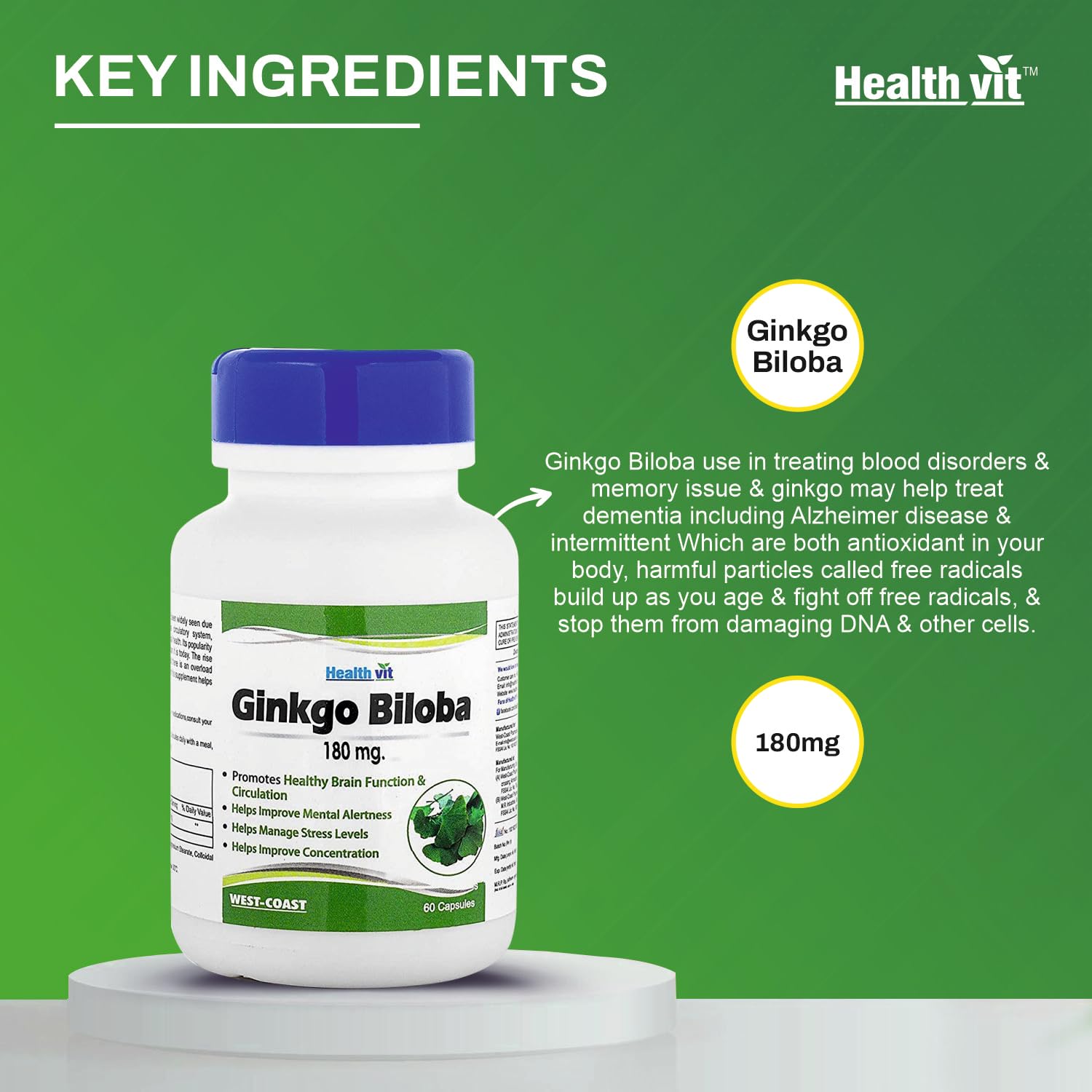 Healthvit Ginkgo Biloba 180mg For Healthy Brain Function | Manage Stress Levels | Improve Mental Alertness | Improve Concentration - 60 Capsules - Image 5 thumbnail