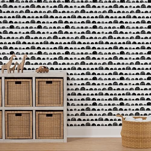 Miniatura 10 de Spoonflower Peel & Stick Wallpaper Swatch - Circles Black Ink Robots Robot Circle Baby Boy Modern White Scallops Custom Removable Wallpaper