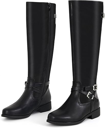 Miniatura 2 de Ermonn Botas altas hasta la rodilla para mujer, pantorrilla ancha, tacón bajo, cremallera lateral, de piel sintética, botas de equitación de invierno