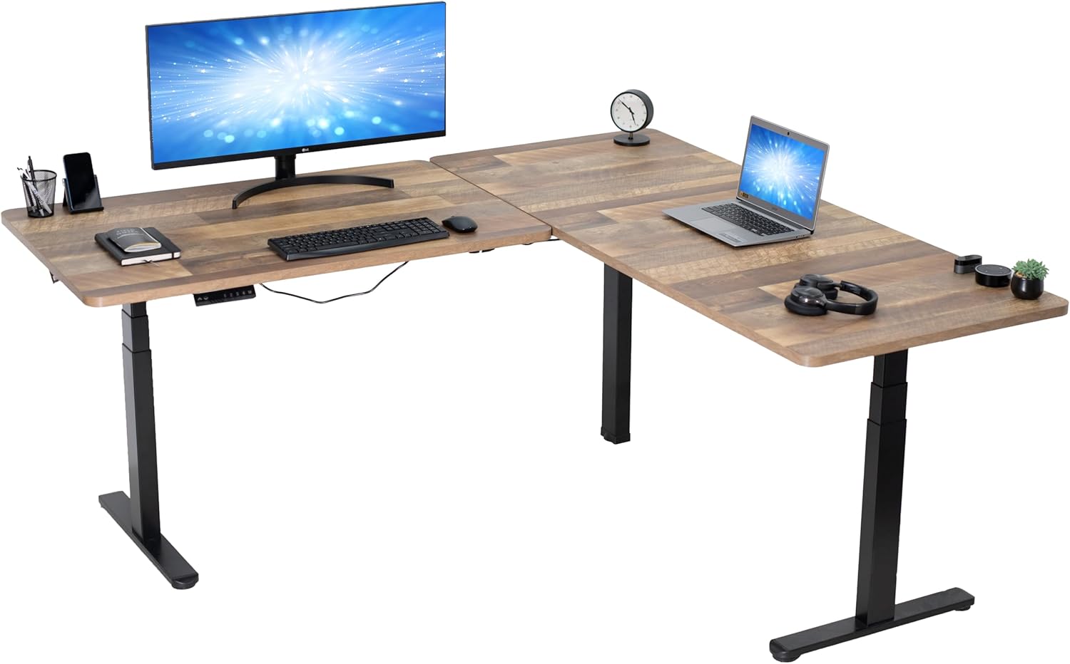 VIVO Electric Height Adjustable 77 x 71 inch Corner Stand Up Desk, 2 Reclaimed Wood 30 inch Deep Table Tops, Black Frame, Memory Controller, L-Shaped Workstation, 3E Series, DESK-KIT-3E7BP VIVO Electric Height Adjustable 77 x 71 inch Corner Stand Up Desk, 2 Reclaimed Wood 30 inch Deep Table Tops, Black Frame, Memory Controller, L-Shaped Workstation, 3E Series, DESK-KIT-3E7BP
