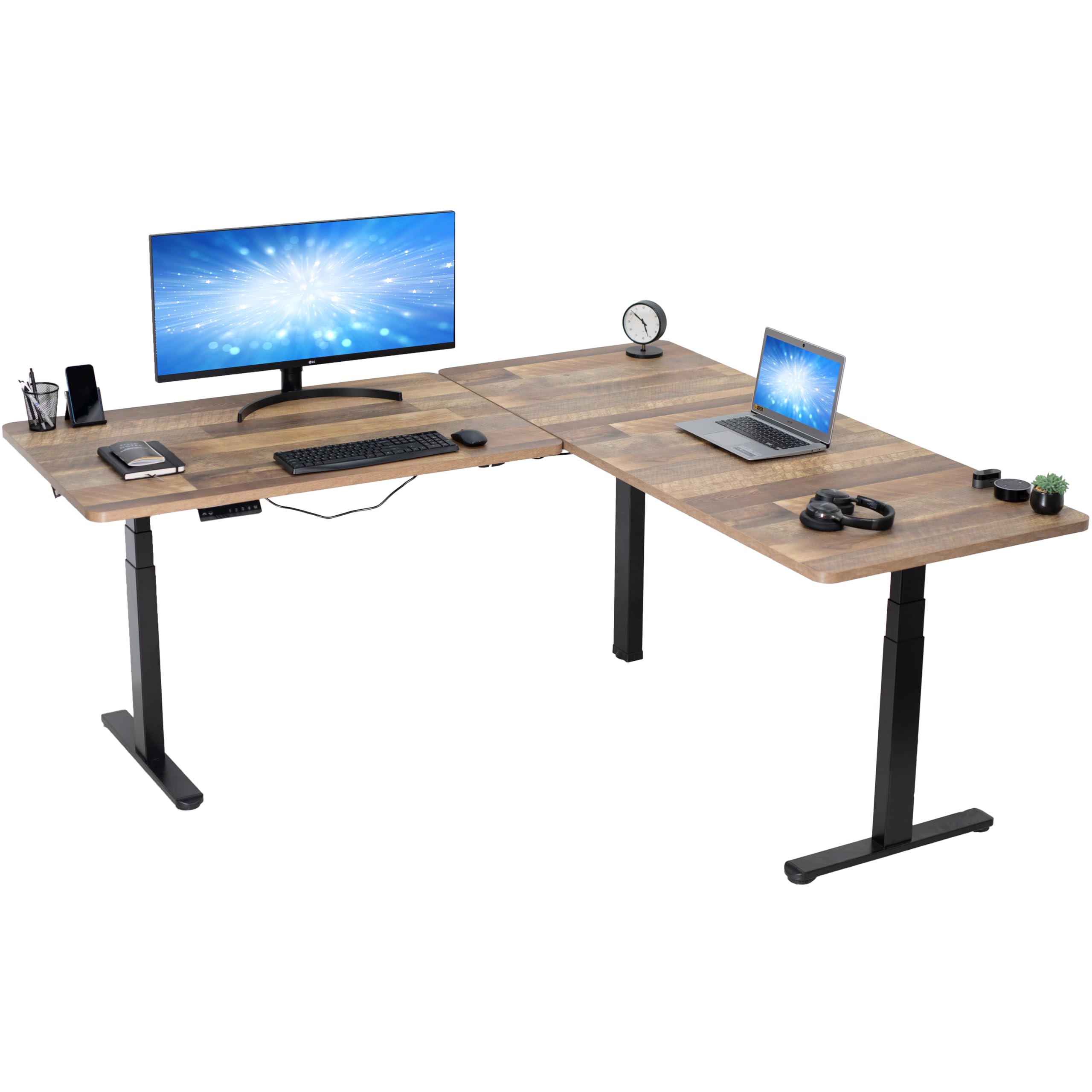 VIVO Electric Height Adjustable 77 x 71 inch Corner Stand Up Desk, 2 Reclaimed Wood 30 inch Deep Table Tops, Black Frame, Memory Controller, L-Shaped