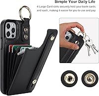 Vista 4 de Folosu Funda tipo cartera para iPhone 12/12 Pro con soporte para tarjetas, correa de mano para muñeca, soporte de bucle, bloqueo RFID, anillo