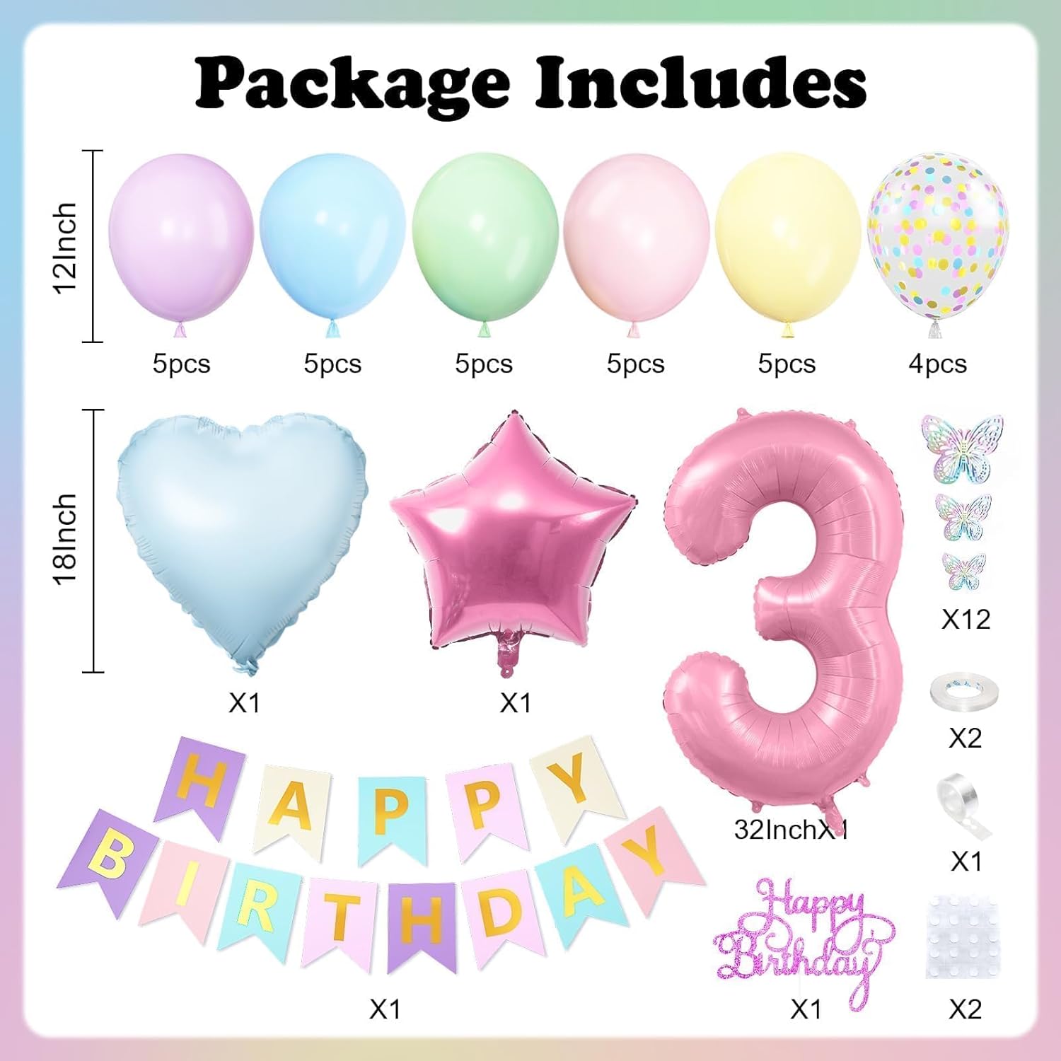 3rd Birthday Decoration for Girls,Easter Pastel Rainbow Macaron 3rd Birthday Balloon Number 3 Balloon Butterfly Stickers Star Heart Foil Balloons Banner Party Decoration for 3 Year Old - Image 2