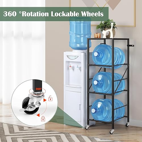 Miniatura 4 de Soporte para botella de agua de 5 galones, soporte para jarra de agua de 3 niveles con estante, soporte para jarra de agua con ruedas, organizador