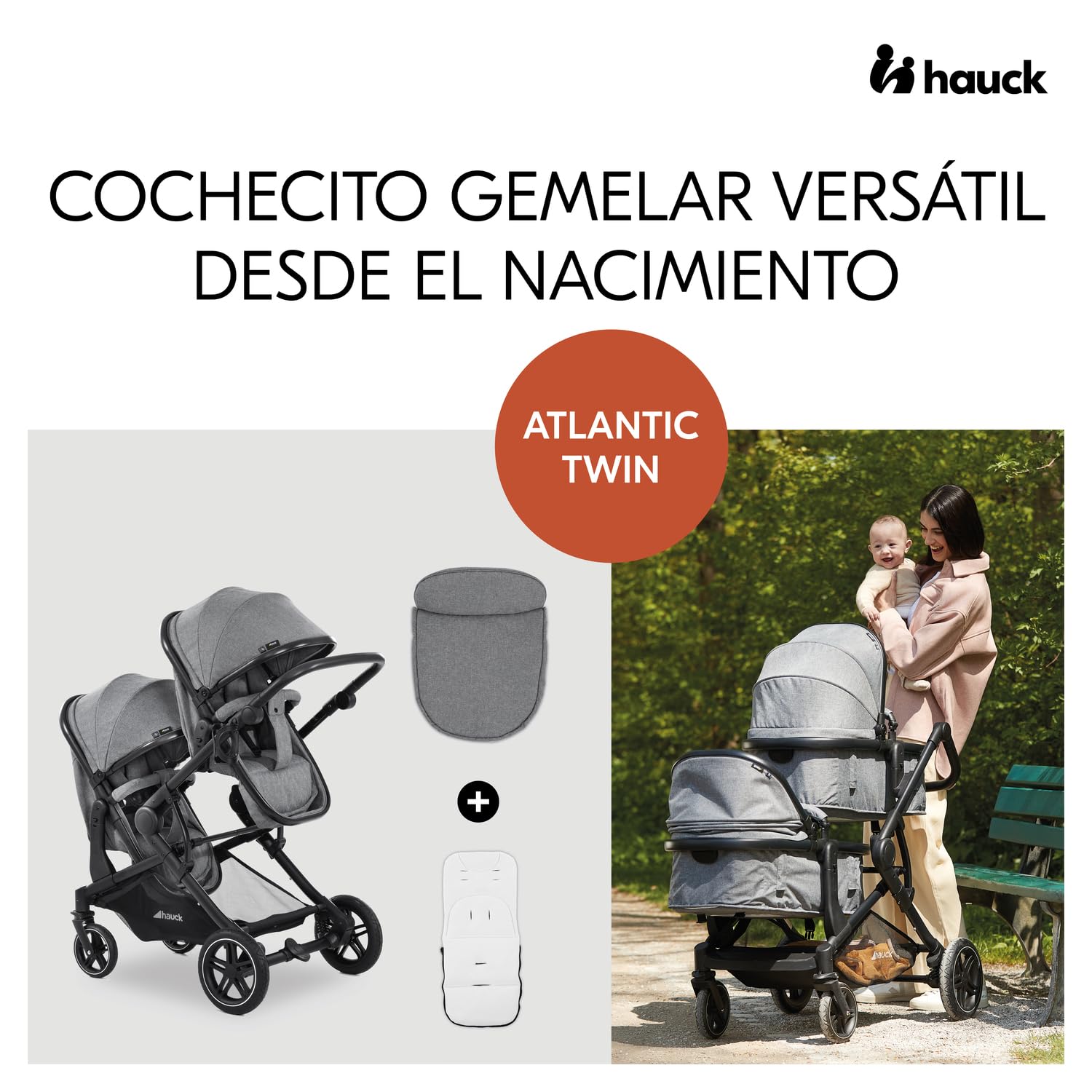hauck Atlantic Twin Carro Doble Bebe Apto desde el Nacimiento, Silla de Paseo Gemelar Estrecha con Capazos Convertibles en Sillas - Gris Melange