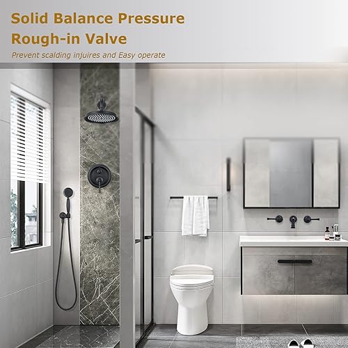 Miniatura 2 de Kit de molduras de sistema de ducha, color negro mate, modo de ducha 2 en 1, válvula de presión de equilibrio rugosa incluida, cabezal de ducha