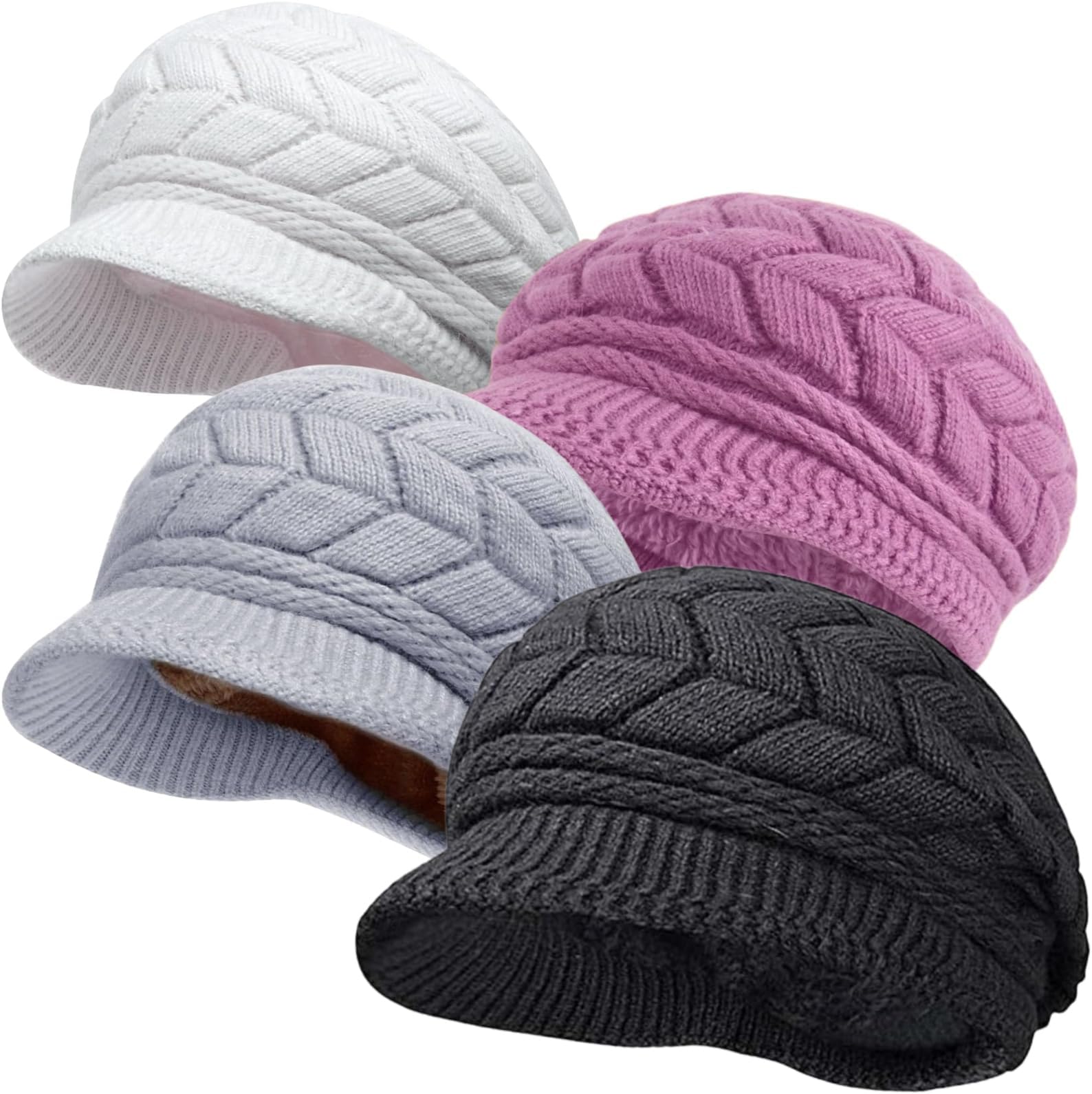 4 Pack Womens Winter Beanie Hats Thick Warm Knit Hat with Visor Brim Wool Snow Ski Caps Chunky Soft Slouchy Cap