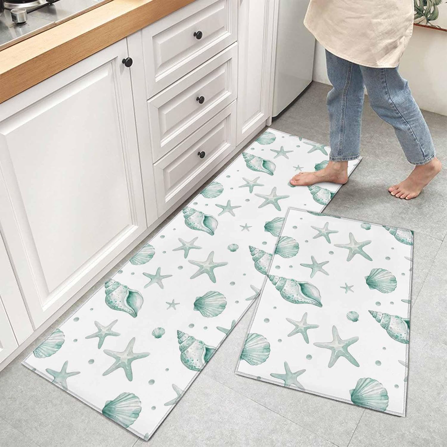 Kitchen Mats for Floor Sea Starfish Shell Conch Washable Non Slip Kitchen Rugs 2PCS, Summer Green Ocean Theme Absorbent Standing Mats for Sink Bathroom Office Living Room 15.7x23.6in+15.7x47.2in