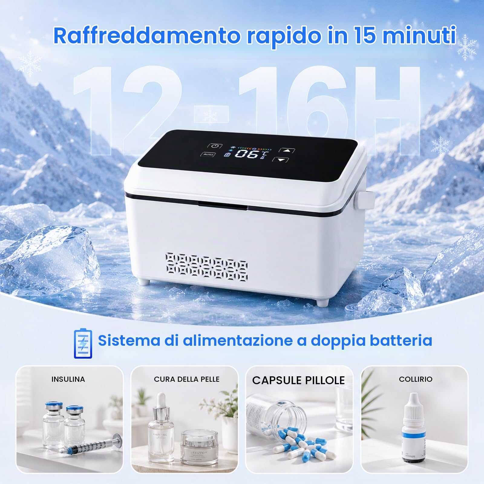 Frigorifero elettrico per insulina, grande capacità, 2-8 °C, portatile, con batteria da 13600 mAh, mini frigo per medicinali, indicatore della temperatura LCD, per auto, viaggi, esterni