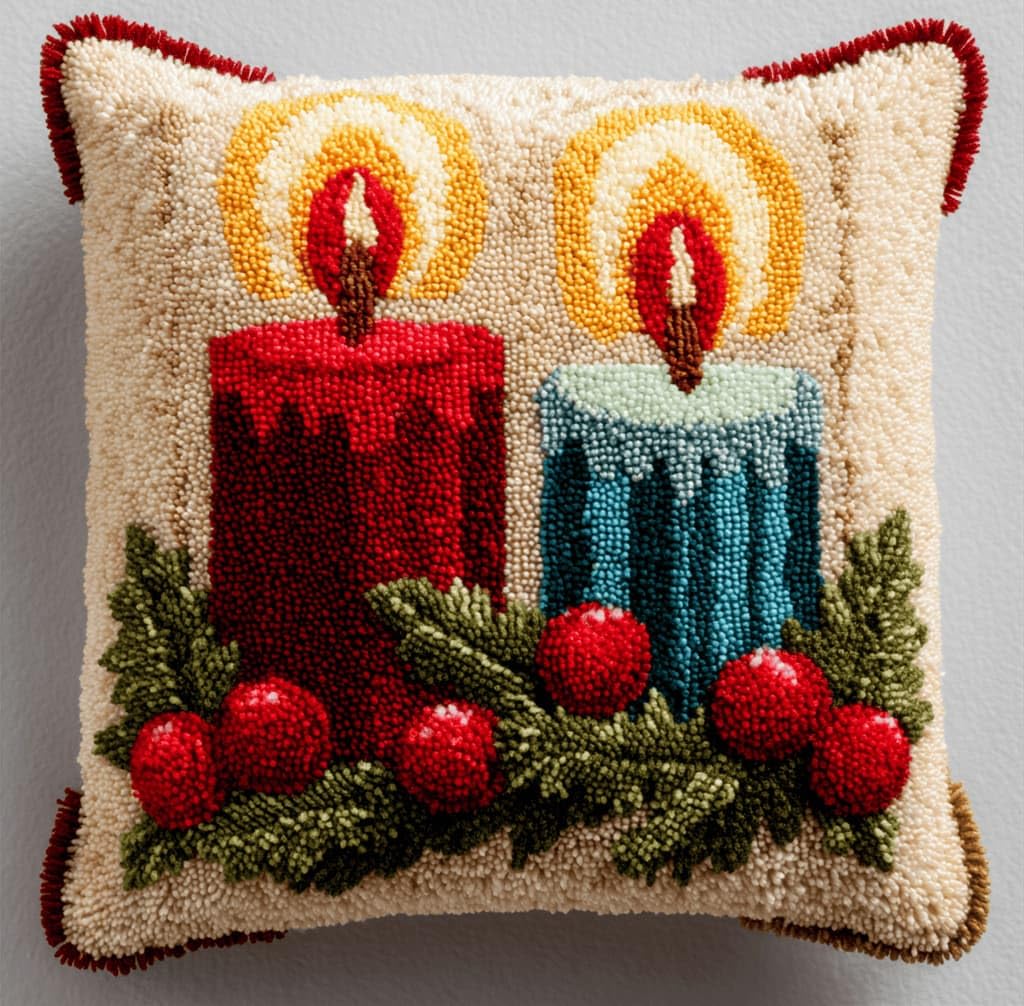Kitquiver Latch Hook Cushion Kits Christmas Candles 43X43Cm Latch Hook Pillow Case Kits Embroidery,DIY Needlework Pillow Cover Sofa Cushion Rug Making for Adults and Beginner,Craft Home Decor