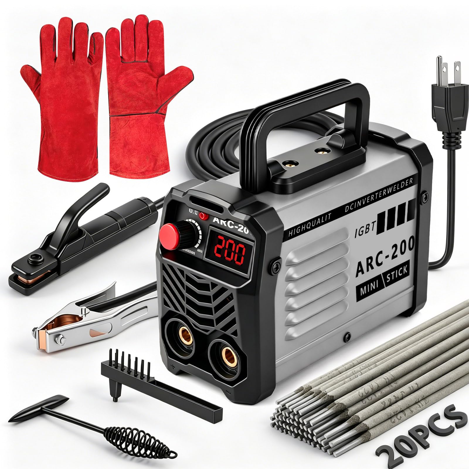 Photo 1 of Hpoouo 200Amp 20PCS Rods Stick Welder, Super MINI Portable Welding Machine, IGBT Inverter Welder Machine 110V with Hot Start Arc Force Anti-Stick, for 1/16"-1/8" Rod ARC Welder, Chip Hammers (Gray)