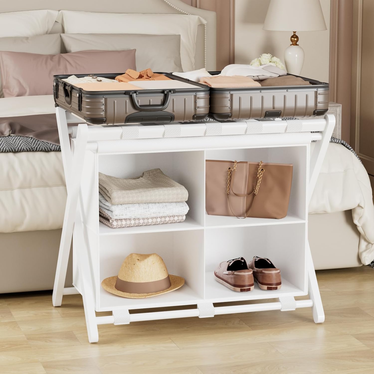 White Bamboo Luggage Rack with 4 Storage Compartments ?Foldable Suitcase Stand, Luggage Rack for Guest Room , 150lbs Capacity, Sturdy, White 1 Pcs