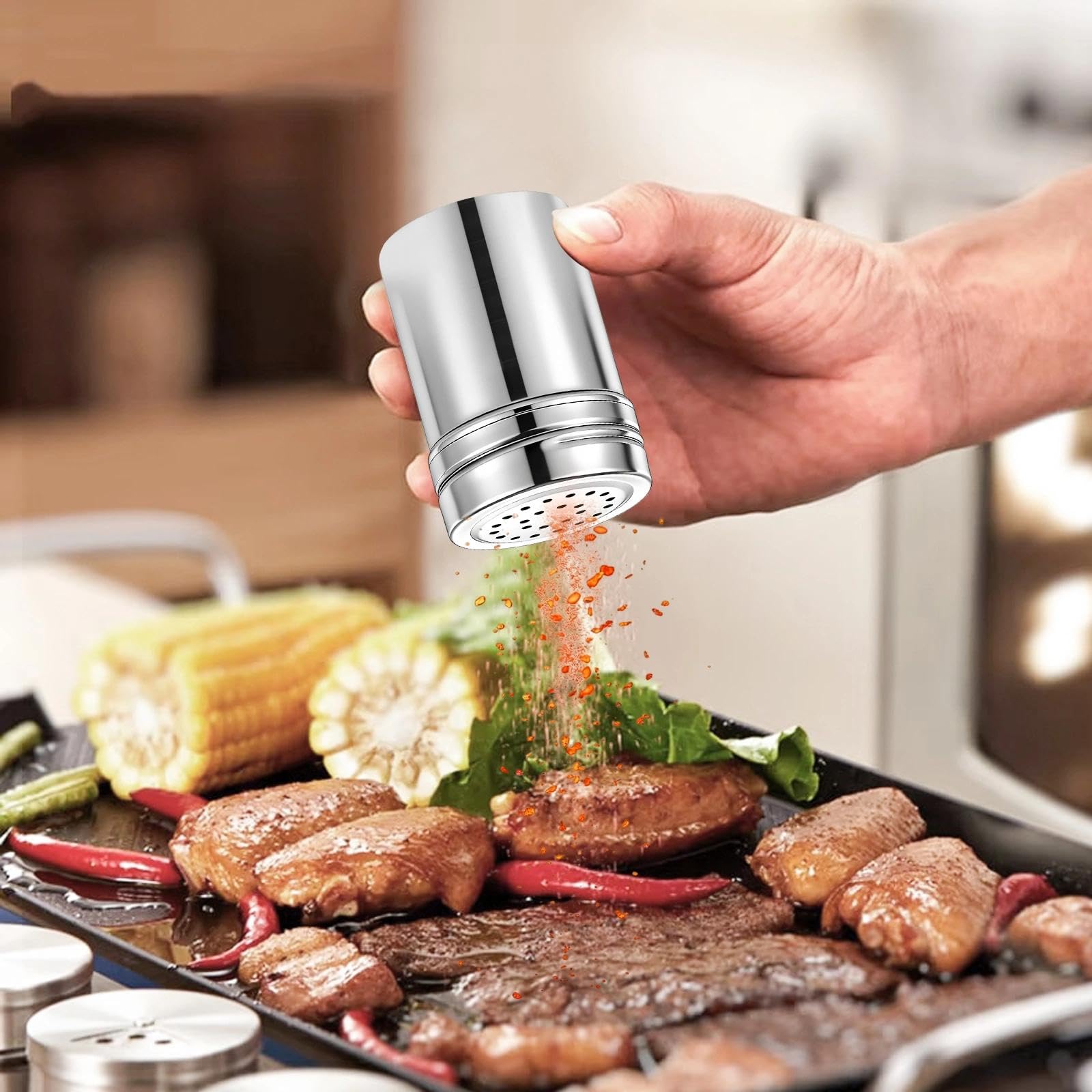 2 Pièces Distributeur D'assaisonnement Polyvalent, Petit Saupoudreuse à Epices, Argent Bouteille D'assaisonnement en Acier Inoxydable, pour Sel, Cannelle, Paprika