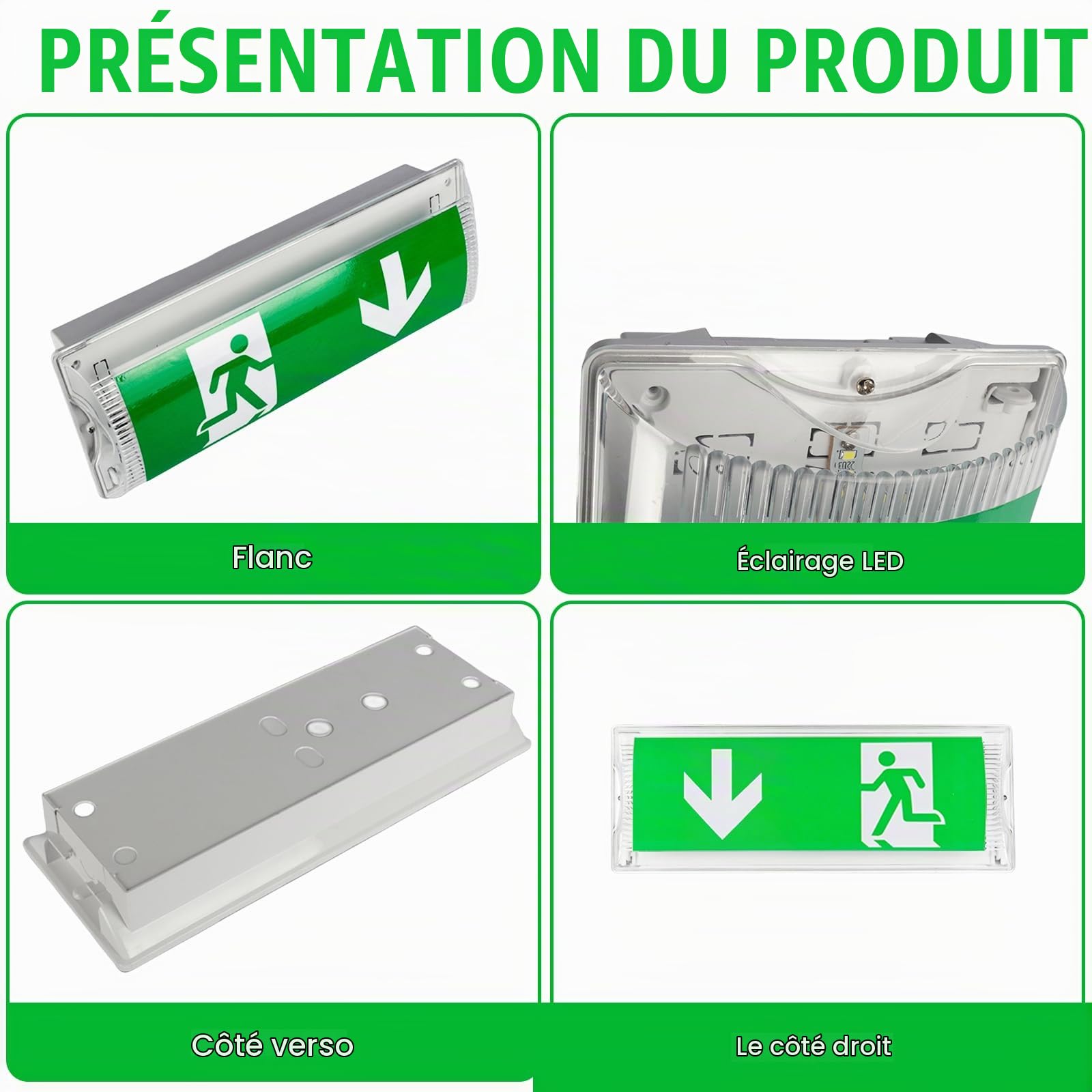 LED-Notbeleuchtung: IP65 Étanche Éclairage De Secours, Lampe De Sortie LED Avec Batterie De Secours 3h, Luminaire De Sortie De Secours Avec 4 Pictogrammes Pour Tous Les Établissements Publics