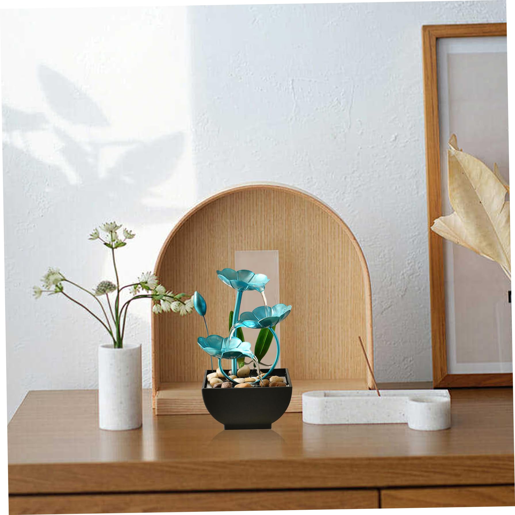FONTA DI ACQUA CABLETOPILE 5x5x9in decorazioni di loto interno a cascata FONTAIN USB Mini Zen Rilassamento Fiore per ufficio, soggiorno, camera da letto (blu)