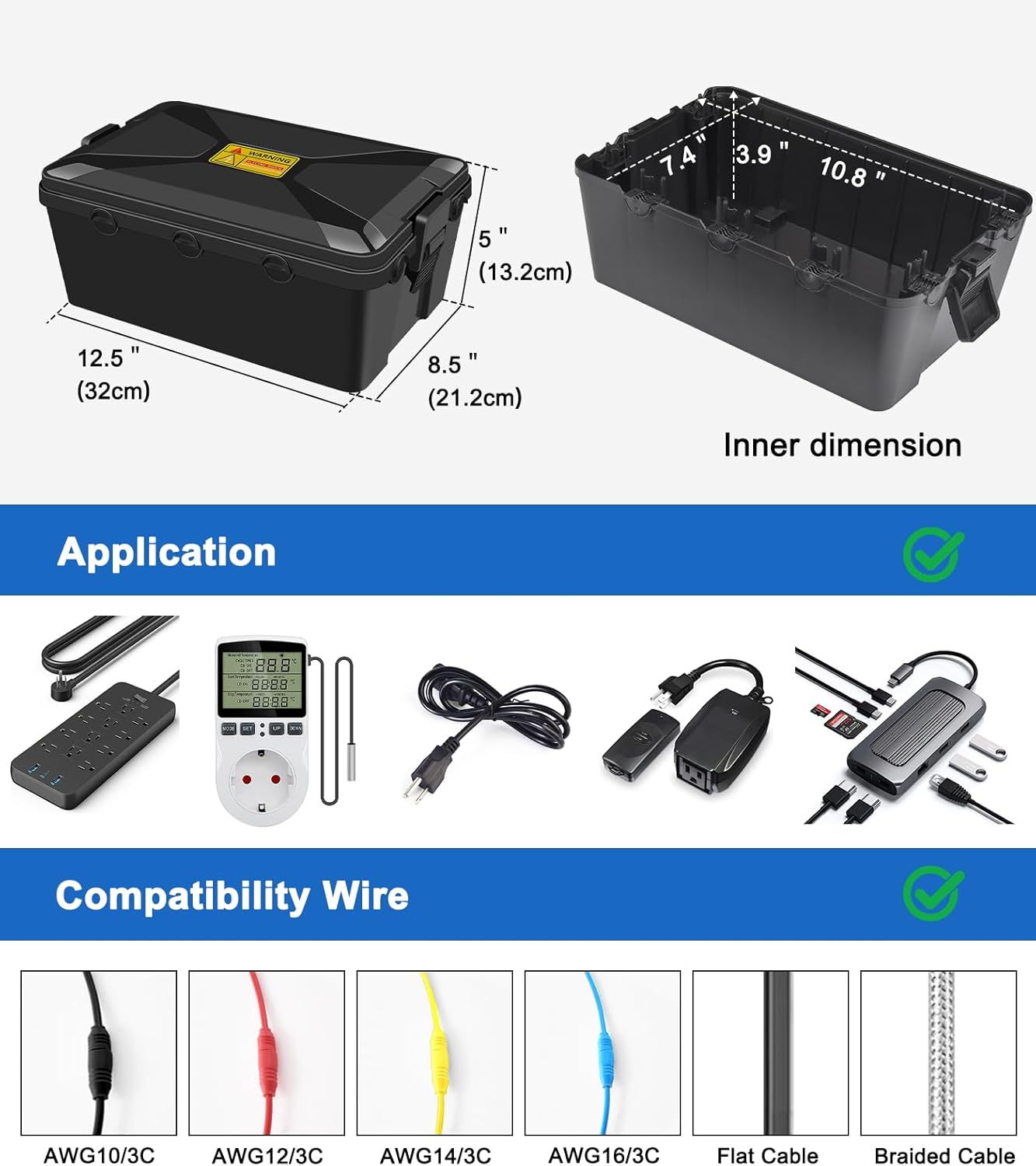 SuperInk Large Outdoor Electrical Box (12.5 x 8.5 x 5 inch),IP54 Waterproof Outdoor Outlet Covers, 7 Cable Entry, Extension Cord Cover, Protect Outlet, Plug, Timer, Power Strip, Holiday Light, Black