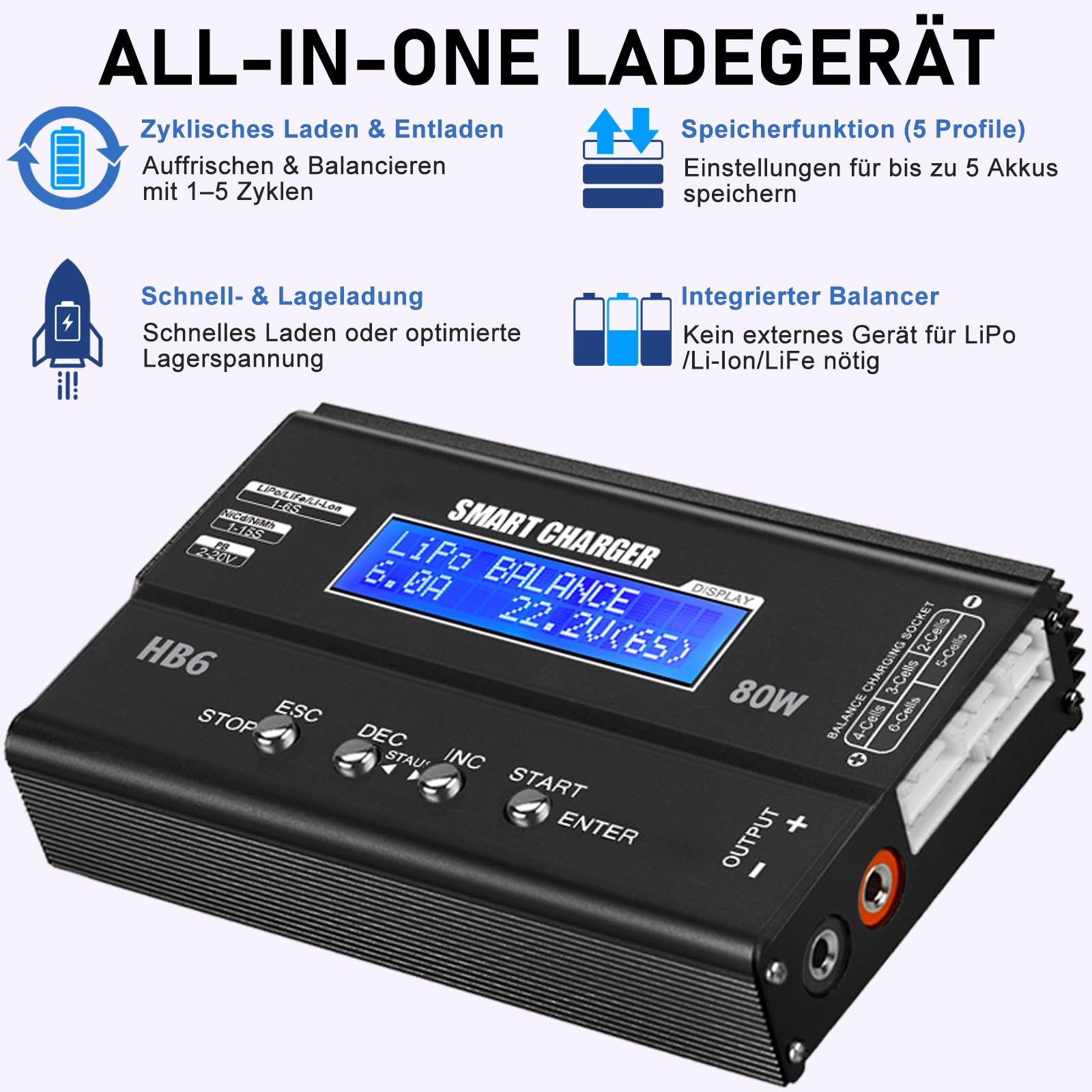 HTRC LiPo Ladegerät 80W 6A RC Akku Ladegerät mit Balancer und LED-Display | Für LiPo/Li-Ion/LiFe 1-6S, NiMH/NiCd 1-15S, Pb 2-20V; 8-in-1-Kabel für RC-Auto, Boot, Drohne, Modellbau und Airsoft-Akkus