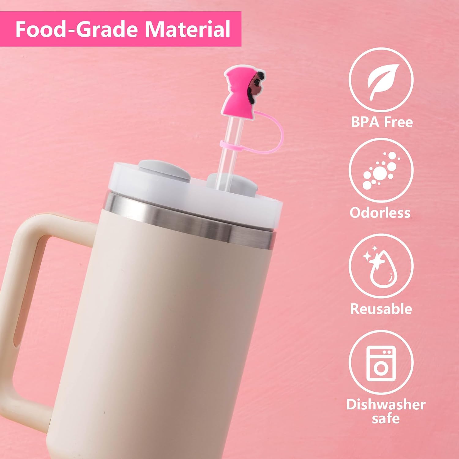 6Pcs Black Girl Straw Cover Cap for Stanley Cup Accessories, 10mm Cute Pink Drinking Straw Topper for 40oz 30oz Stanley Tumbler, Dust-Proof Reusable Straw Tips Gifts for Women image 3
