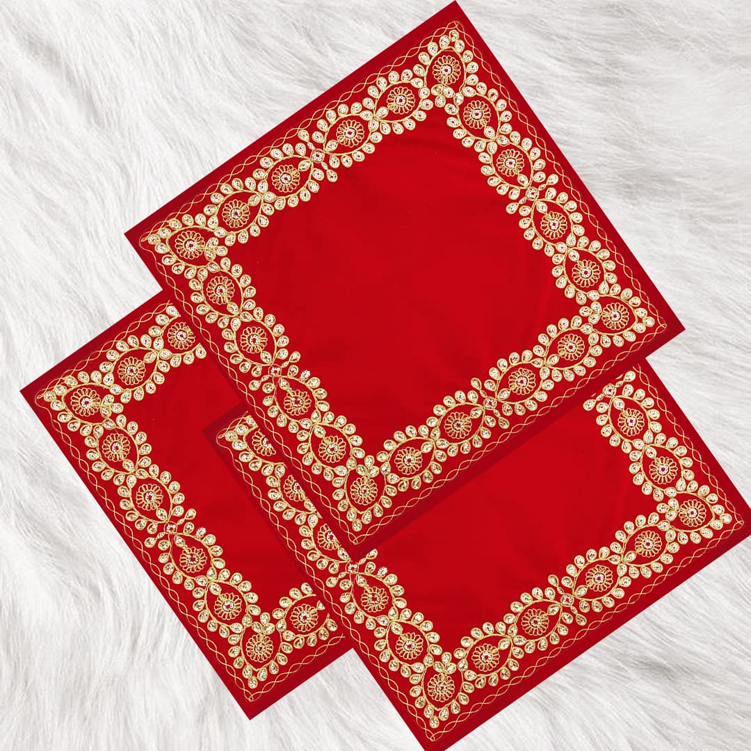 Red Velvet Designer Aasan Pooja Cloth Set of 3 Mandir Temple Home Office Base Chowki 38 x 38 cm-image-44
