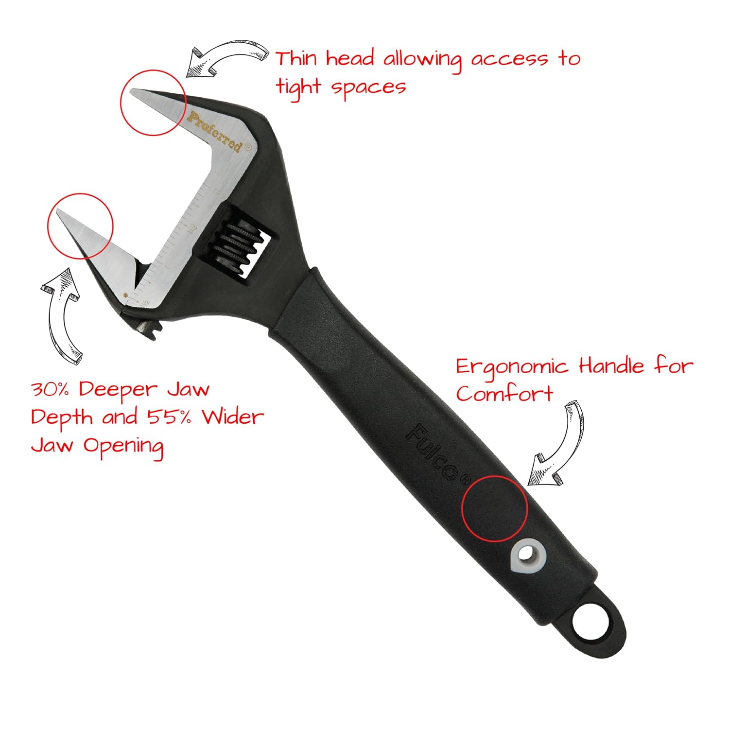 Plumbing Adjustable Wrench, Black Phosphate Finish, 4 Available Size Options 6-inch, 8-inch, 10-inch, 12-inch - T08002