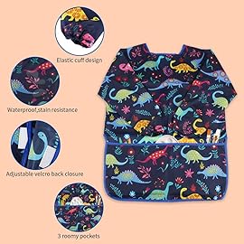 BAHABY Kids Art Smocks 2 Pack Dinosaur Painting Apron for Children Waterproof Artist Smock with Long Sleeve and 3 Pockets for Age 3-8 Years