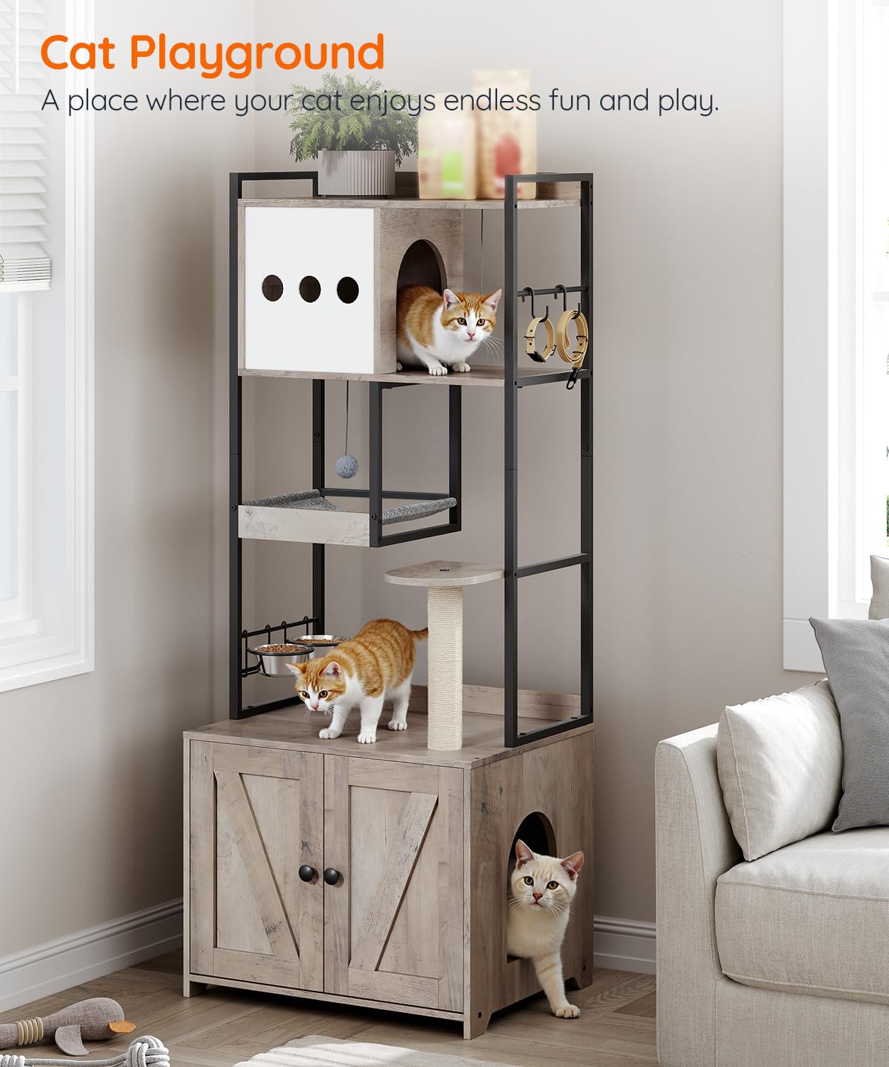 HOOBRO Cat Tree with Litter Box Enclosure, 58.7" H Cat Tower with Hidden Litter Box Furniture, with Scratching Post, Step, Hammock, Multifunctional Pet Furniture with Food Bowls, Greige BG30MZ03G1 - image 8