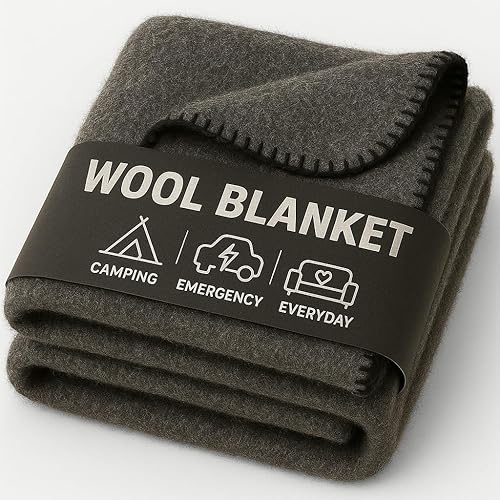Wool Camping Blanket – 70% Wool Heavy-Duty Military Style Throw, Warm & Washable, Fire Retardant Cover for Emergency, Survival & Outdoor Use – Perfect for Camping, Car, Home & Hiking, Grey 62x84