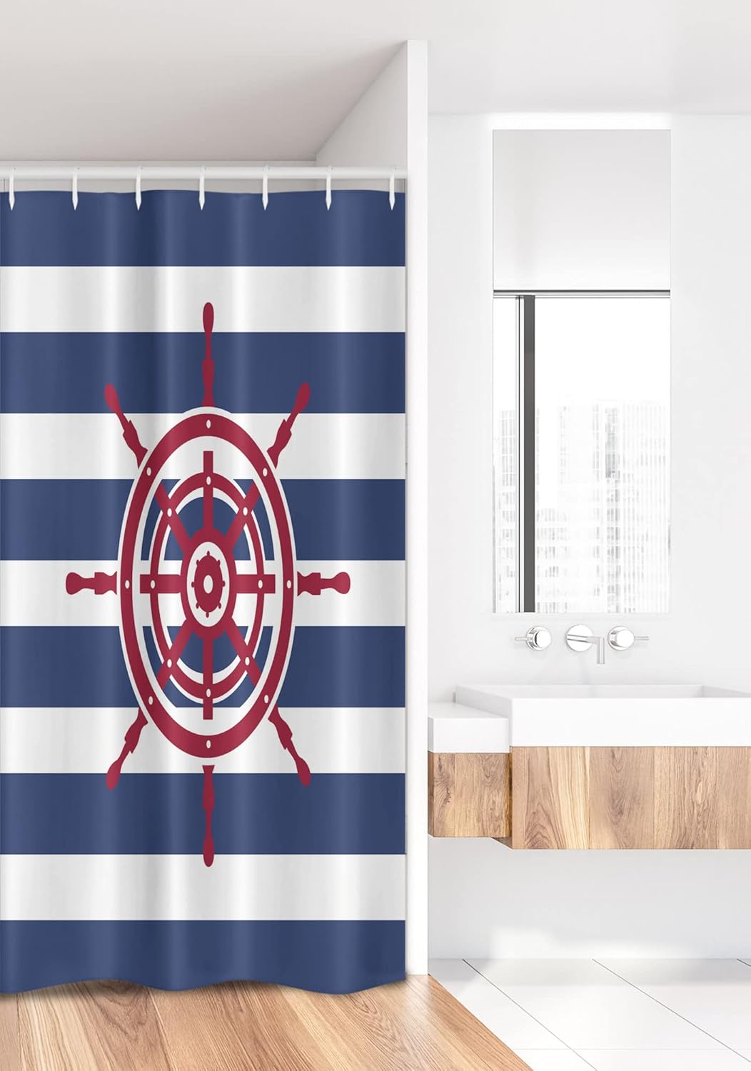 Ambesonne Ships Wheel Stall Shower Curtain, Illustration of Ship Steering Wheel on a Stripped Background Artwok, Fabric Bathroom Decor Set with Hooks, 36" W x 72" L, Navy Blue Red